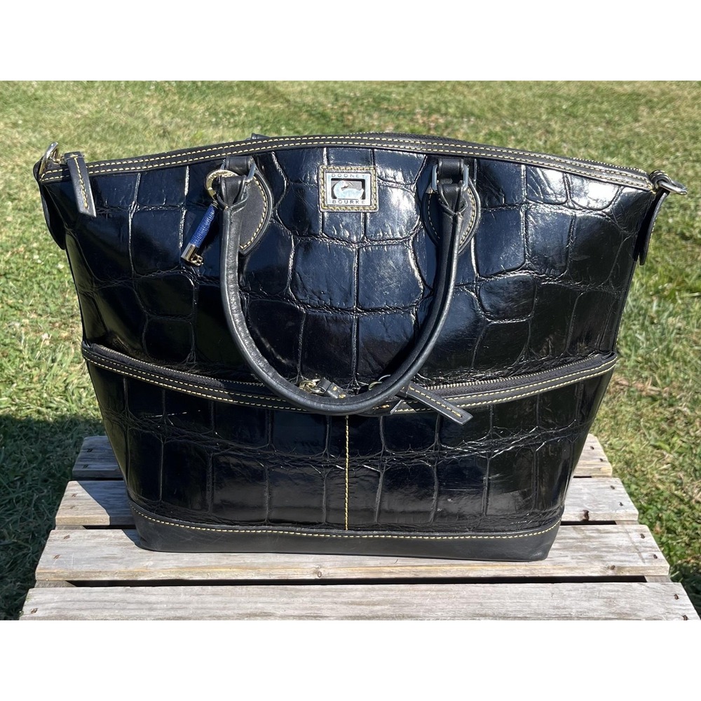 Dooney‎ & Bourke Tote Bag Womens Black Croc Embossed Leather Zip Top Shoulder